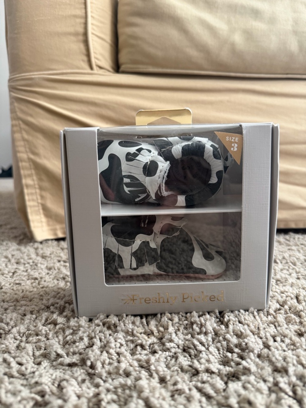 Freshly Picked Black and White Cow Print Moccasins in Box